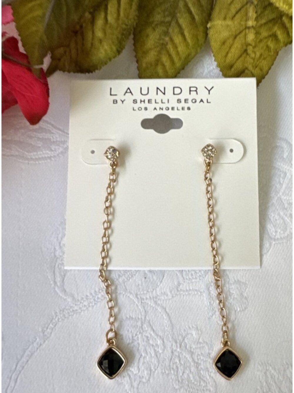Laundry Shelli Segal Shiny Black Gold Bar Dangle Rhinestone Earrings 2.8" NEW